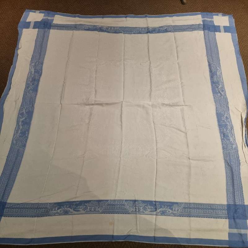 Beautiful Large Vintage Tablecloth - Blue and White - Great Detail - 1.7m x 2.1m - Some minor marks