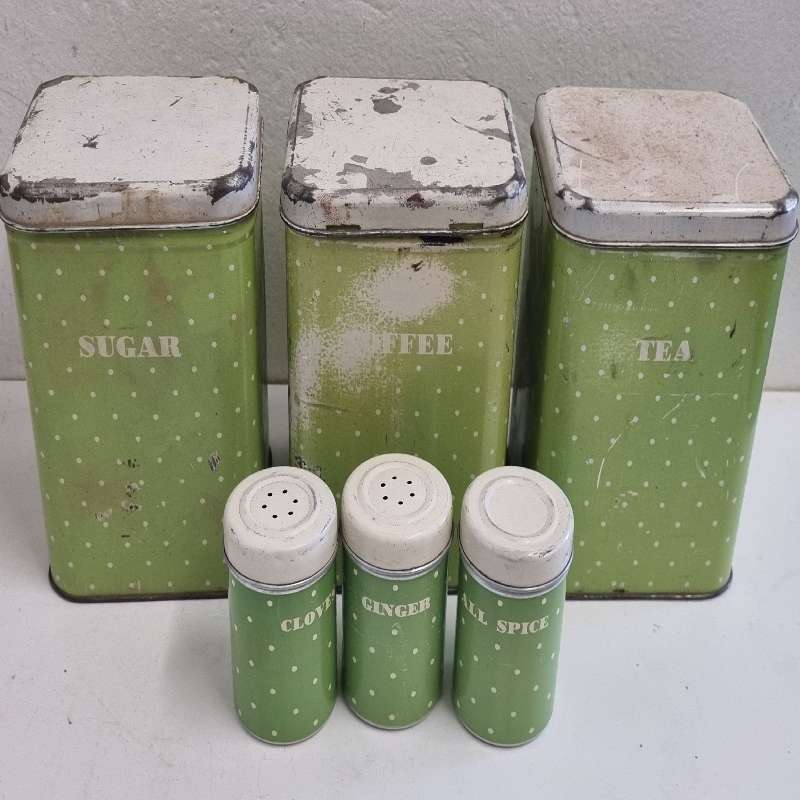 6 Piece vintage Tin set - Sugar, Coffee, Tea, etc.