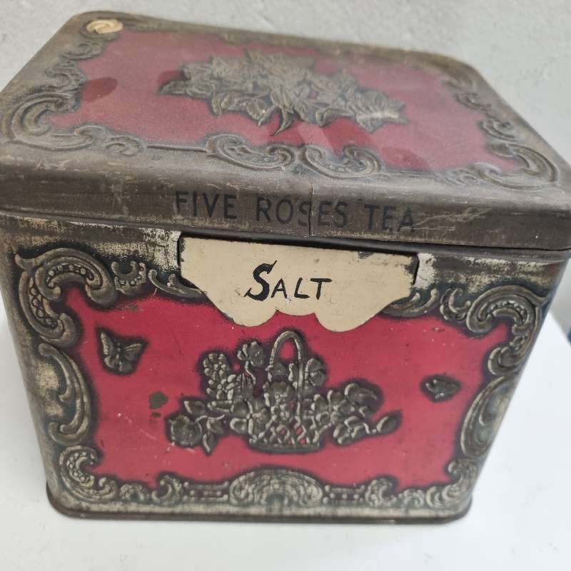 Beautiful Vintage Five Roses Tea Tin with Salt Label - Most Beautiful Detail!!