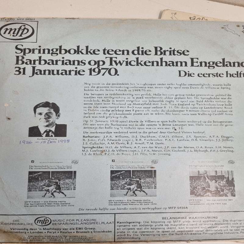 Die Grootste Rugby Oomblikke -2 x LP's - Springbokke teen die Britse Barbarians in Engeland 1970