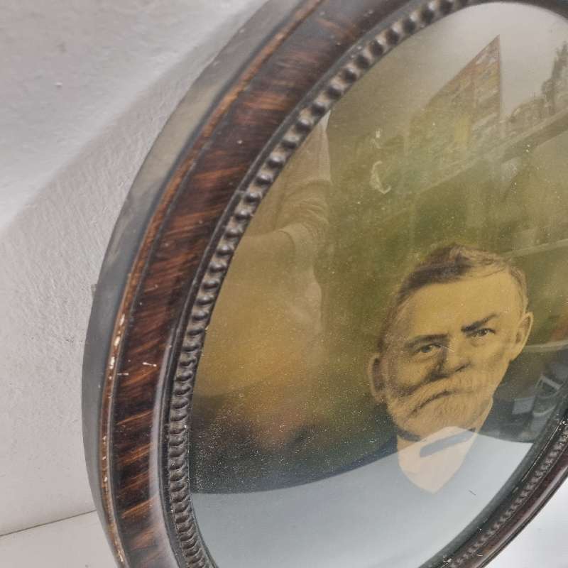 Vintage Oval Wooden Picture Frame with curved glass and vintage photo