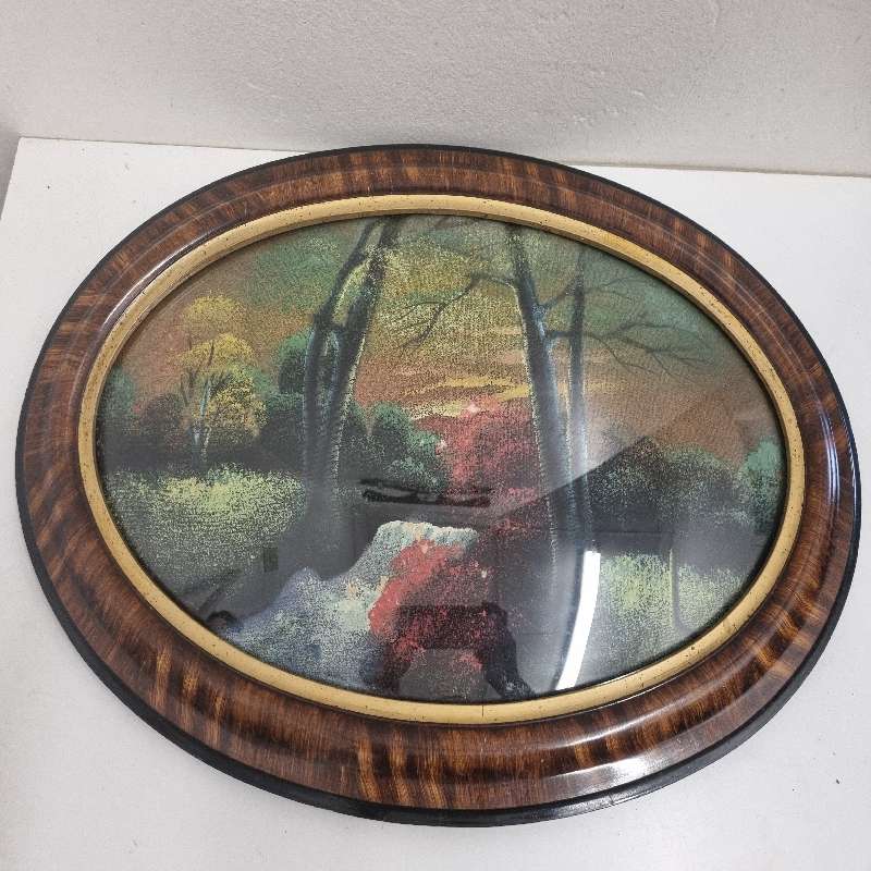 Vintage Oval Wooden Picture Frame with curved glass and vintage print Art Deco