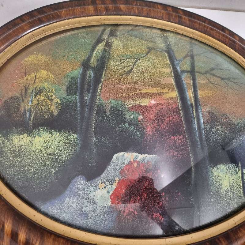 Vintage Oval Wooden Picture Frame with curved glass and vintage print Art Deco