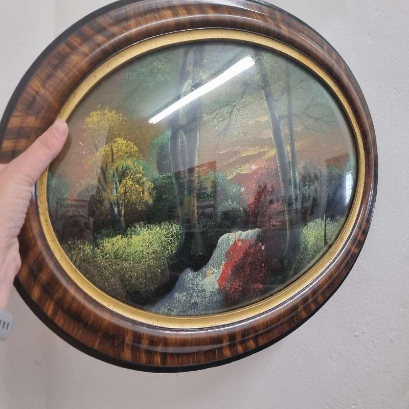 Vintage Oval Wooden Picture Frame with curved glass and vintage print Art Deco