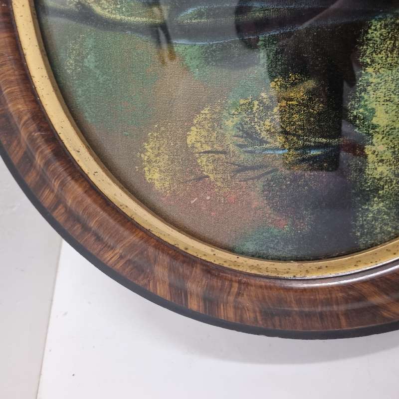 Vintage Oval Wooden Picture Frame with curved glass and vintage print Art Deco