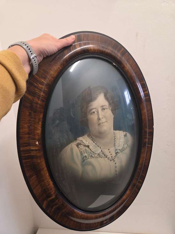 Large Vintage Oval Wooden Frame with curved glass and vintage photo