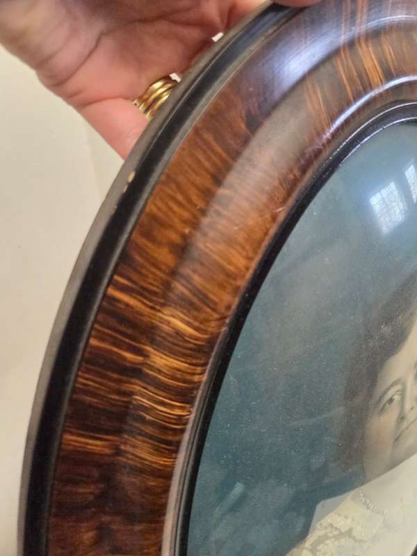Large Vintage Oval Wooden Frame with curved glass and vintage photo