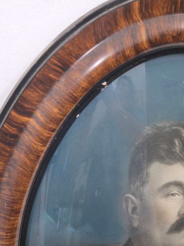 Large Vintage Oval Wooden Frame with curved glass and vintage photo