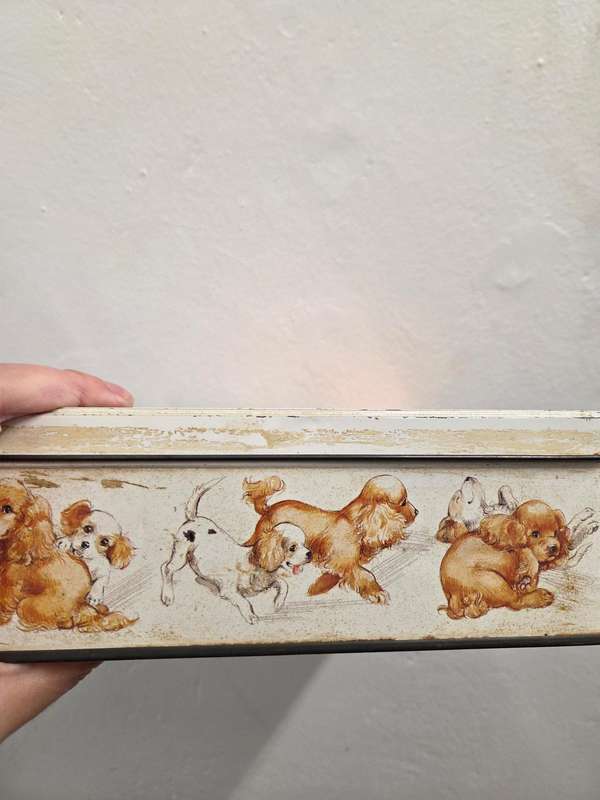 Vintage Bakers Tin with Dog and Cat detail - 22cm x 22cm x 8cm