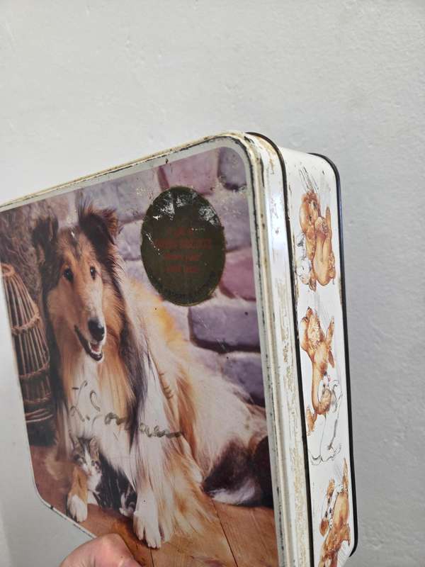 Vintage Bakers Tin with Dog and Cat detail - 22cm x 22cm x 8cm