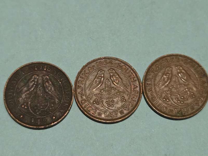 3 x 1/4D Coins - 1/4 Penny / Farthing - Vintage coins - 1948, 1954, 1955