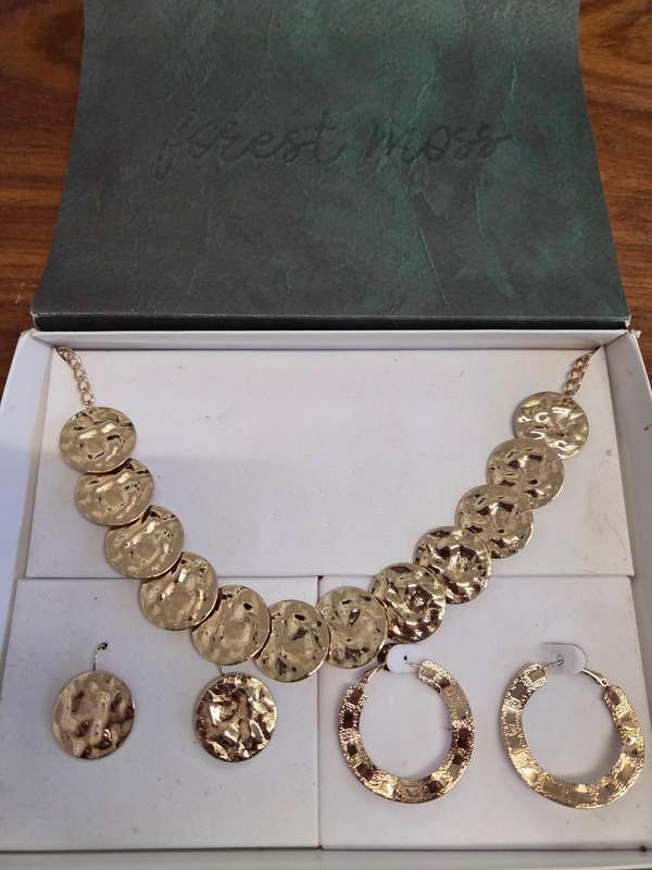 Forest Moss Gold Jewellery Collection Set Gold Coin Necklace Gold Coin Earrings and Gold Wavy Hoops