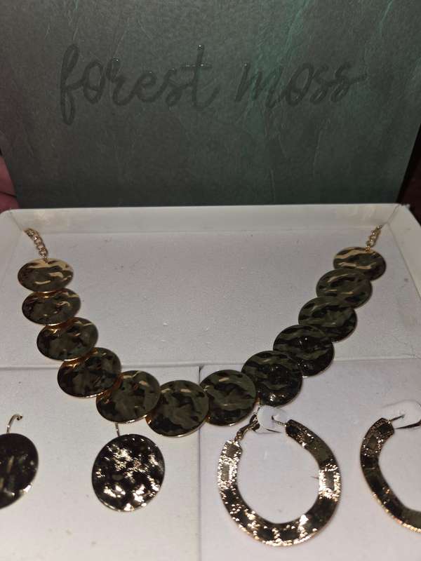 Forest Moss Gold Jewellery Collection Set Gold Coin Necklace Gold Coin Earrings and Gold Wavy Hoops