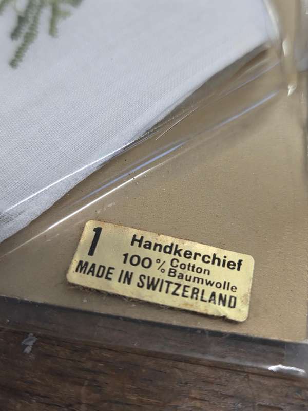 2 x Vintage Embroidered Handkerchiefs - 100% Cotton - Made in Switzerland - In original packaging
