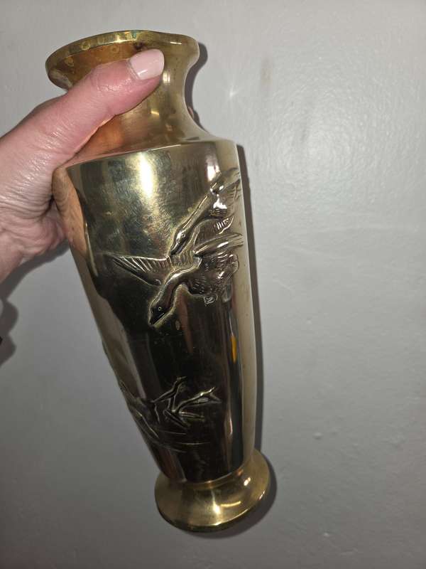 Large Heavy brass vase with bird detail - Height - 27cm