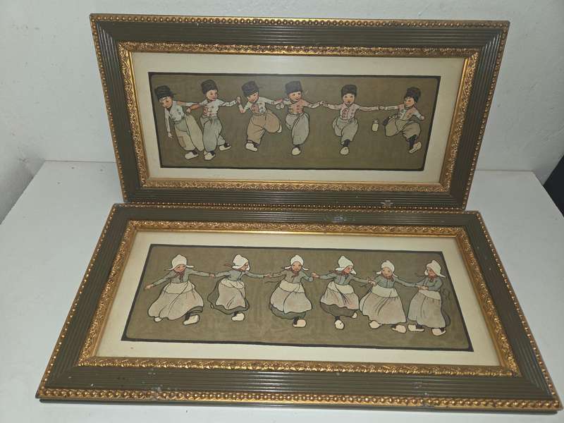 2 x Vintage / Antique Framed prints of Dutch Boys and Girls -Possibly Cecil Aldin Nursery Prints