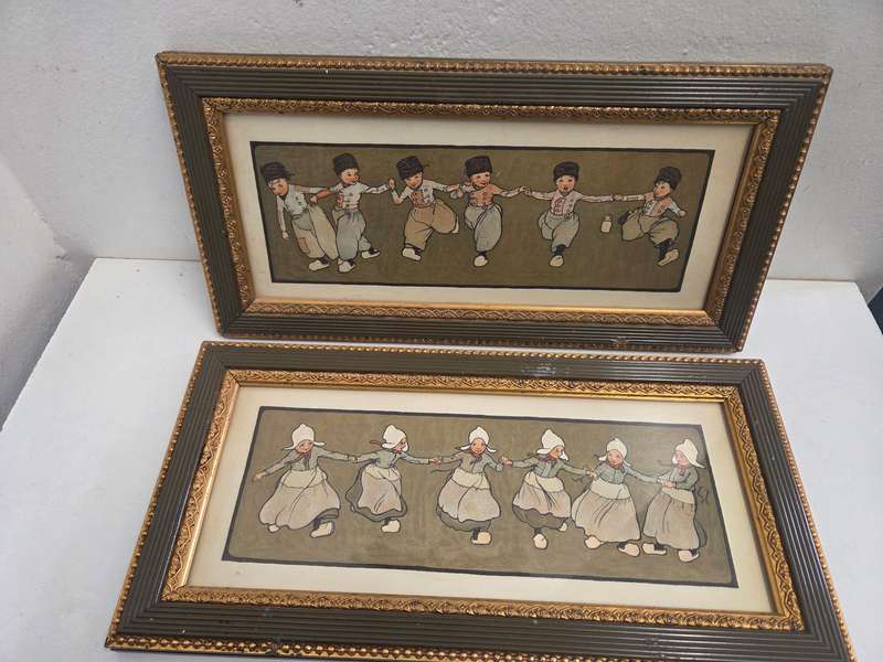2 x Vintage / Antique Framed prints of Dutch Boys and Girls -Possibly Cecil Aldin Nursery Prints