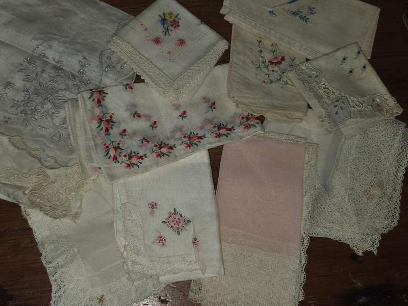 11 x Vintage Handkerchiefs with great detail - Some yellowing due to age