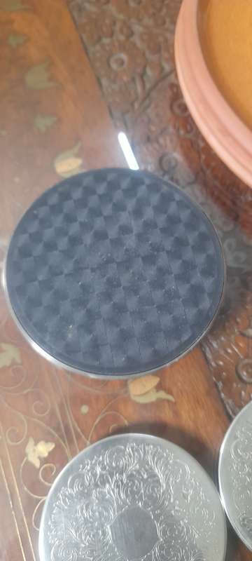 6 Beautiful Vintage Silver Coasters with holder. Set No. 1 (see photos)
