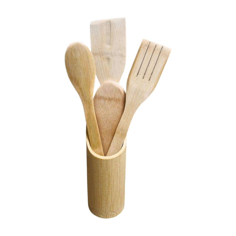 5 Pc Natural Bamboo Cooking Spoon Set with Stand