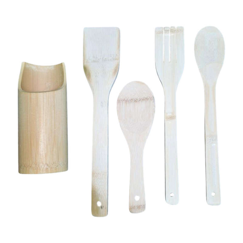 5 Pc Natural Bamboo Cooking Spoon Set with Stand