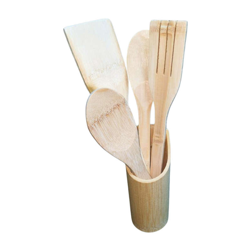 5 Pc Natural Bamboo Cooking Spoon Set with Stand