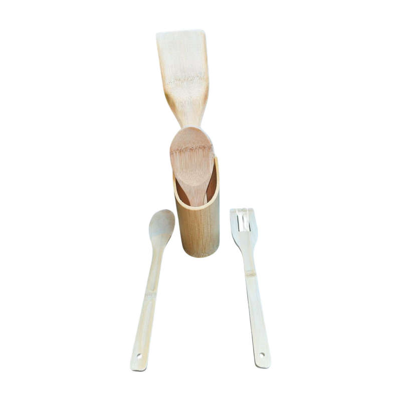 5 Pc Natural Bamboo Cooking Spoon Set with Stand