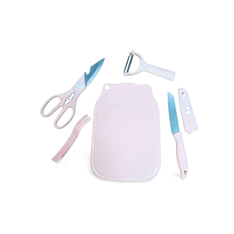 (Open Box) Kitchen Set - 5-Piece - Knife, Scissors, Peeler, 6 Serving Forks and Cutting Board (Pink)