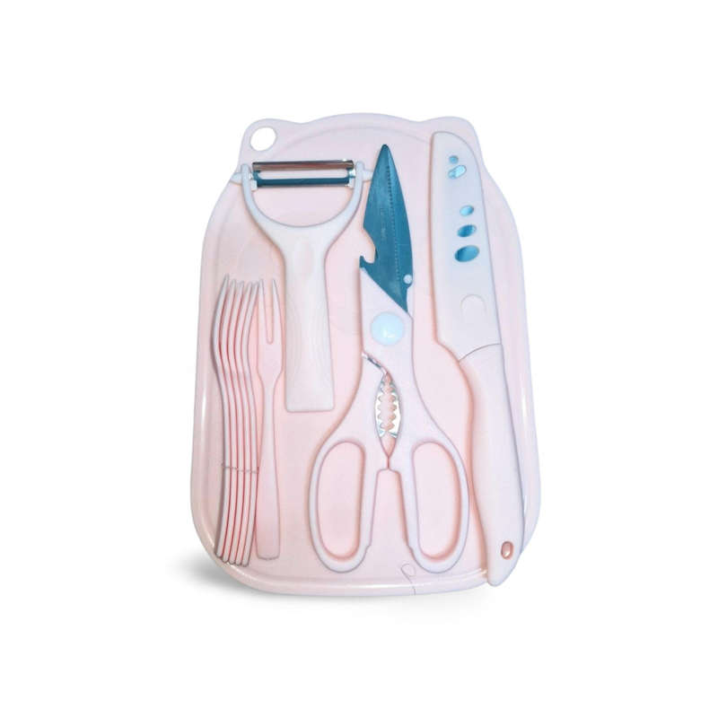 (Open Box) Kitchen Set - 5-Piece - Knife, Scissors, Peeler, 6 Serving Forks and Cutting Board (Pink)