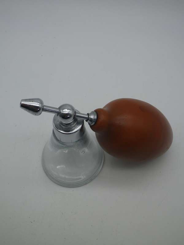 Vintage Glass & Chrome Cologne or scent bottle with bulb atomizer. Working