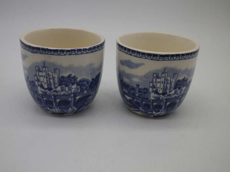2 Blue & White china egg cups. Rochester Castle & Bridge, England