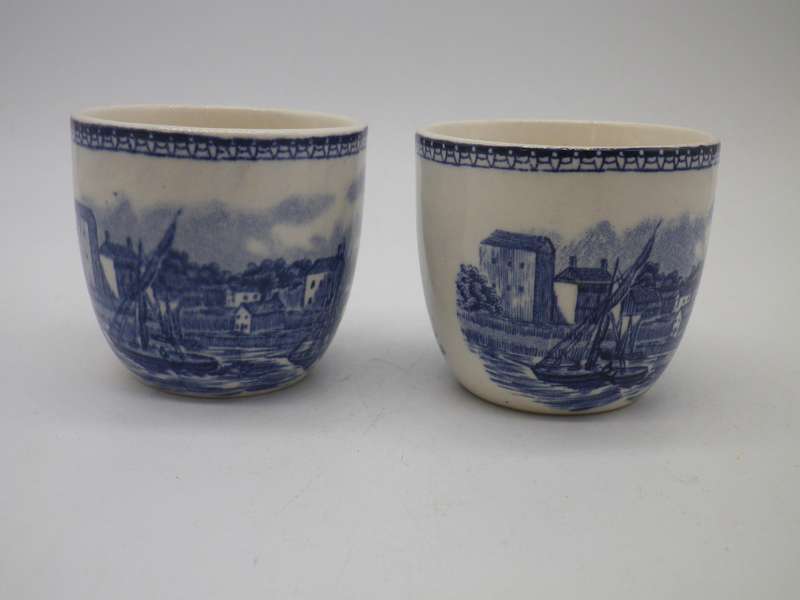 2 Blue & White china egg cups. Rochester Castle & Bridge, England