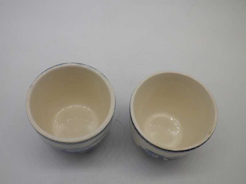 2 Blue & White china egg cups. Rochester Castle & Bridge, England