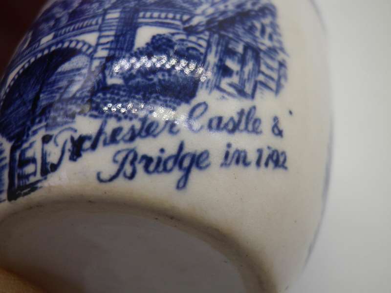 2 Blue & White china egg cups. Rochester Castle & Bridge, England