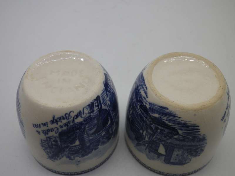2 Blue & White china egg cups. Rochester Castle & Bridge, England