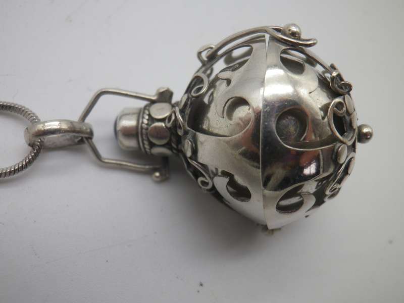 Sterling Silver Vintage Necklace - ball in cage on silver chain.