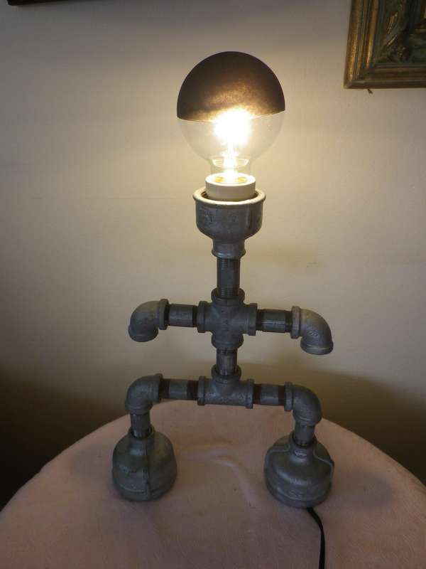 Industrial "ROBOT" Bespoke Table lamp. Made with plumbing parts. Working. Globe Included