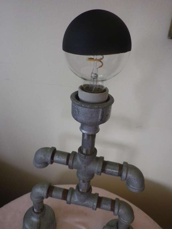 Industrial "ROBOT" Bespoke Table lamp. Made with plumbing parts. Working. Globe Included