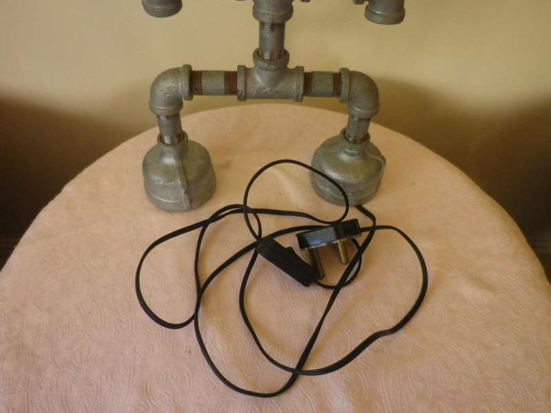 Industrial "ROBOT" Bespoke Table lamp. Made with plumbing parts. Working. Globe Included