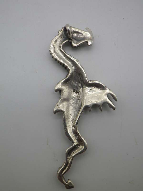 Vintage STERLING SILVER Spectacular Large Horned DRAGON pendant. 16g 7x2.5cm