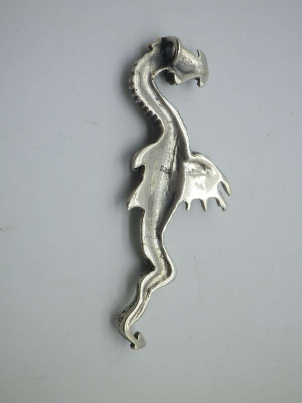 Vintage STERLING SILVER Spectacular Large Horned DRAGON pendant. 16g 7x2.5cm