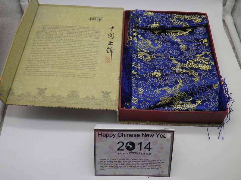 Pretty Blue & Gold Chinese Yun Silk and Cotton Brocade scarf. Year of the Horse 2014. Boxed