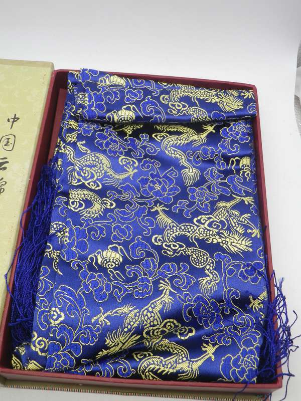 Pretty Blue & Gold Chinese Yun Silk and Cotton Brocade scarf. Year of the Horse 2014. Boxed