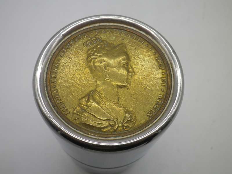 Vintage 18/8 Stainless Steel Italy cyclindrical Container. Maria Anna Augusta Ferdnandi medal in lid