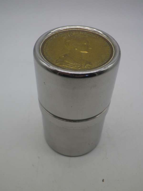 Vintage 18/8 Stainless Steel Italy cyclindrical Container. Maria Anna Augusta Ferdnandi medal in lid