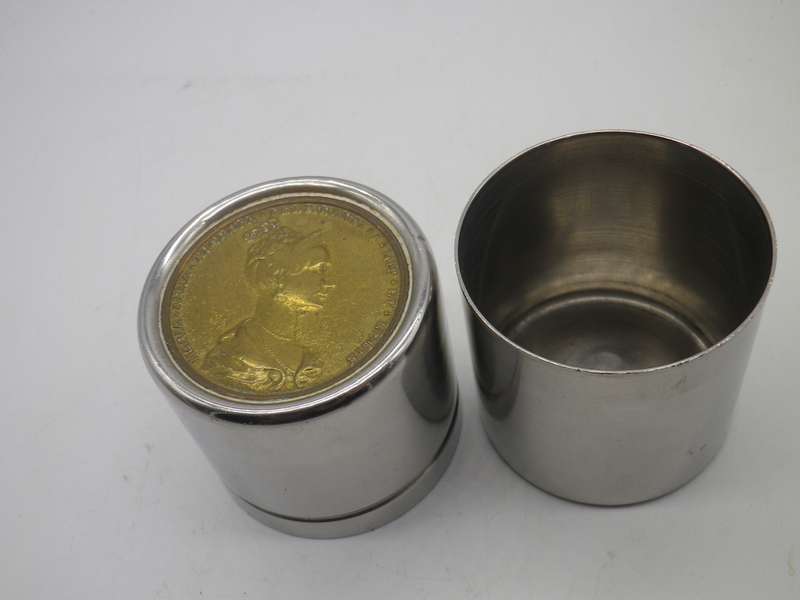 Vintage 18/8 Stainless Steel Italy cyclindrical Container. Maria Anna Augusta Ferdnandi medal in lid