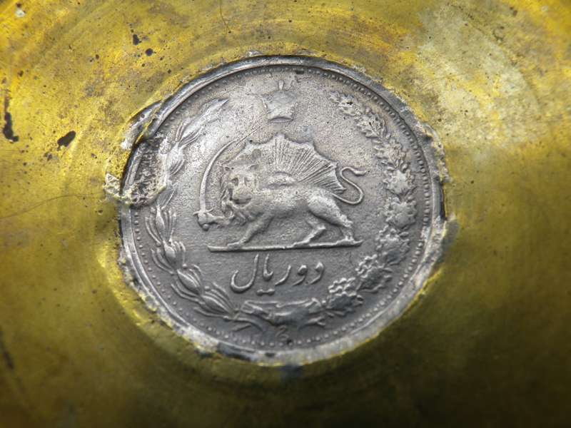 Islamic Persian Engraved Brass 5 Small Bowls inlaid with vintage Silver Lion coins.