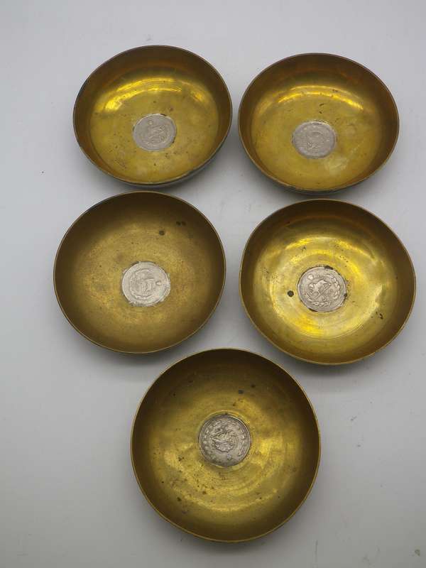 Islamic Persian Engraved Brass 5 Small Bowls inlaid with vintage Silver Lion coins.