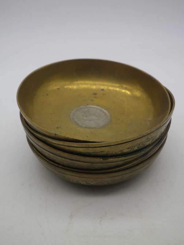 Islamic Persian Engraved Brass 5 Small Bowls inlaid with vintage Silver Lion coins.