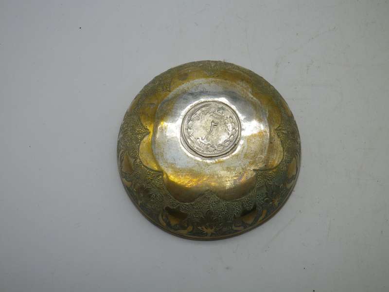 Islamic Persian Engraved Brass 5 Small Bowls inlaid with vintage Silver Lion coins.